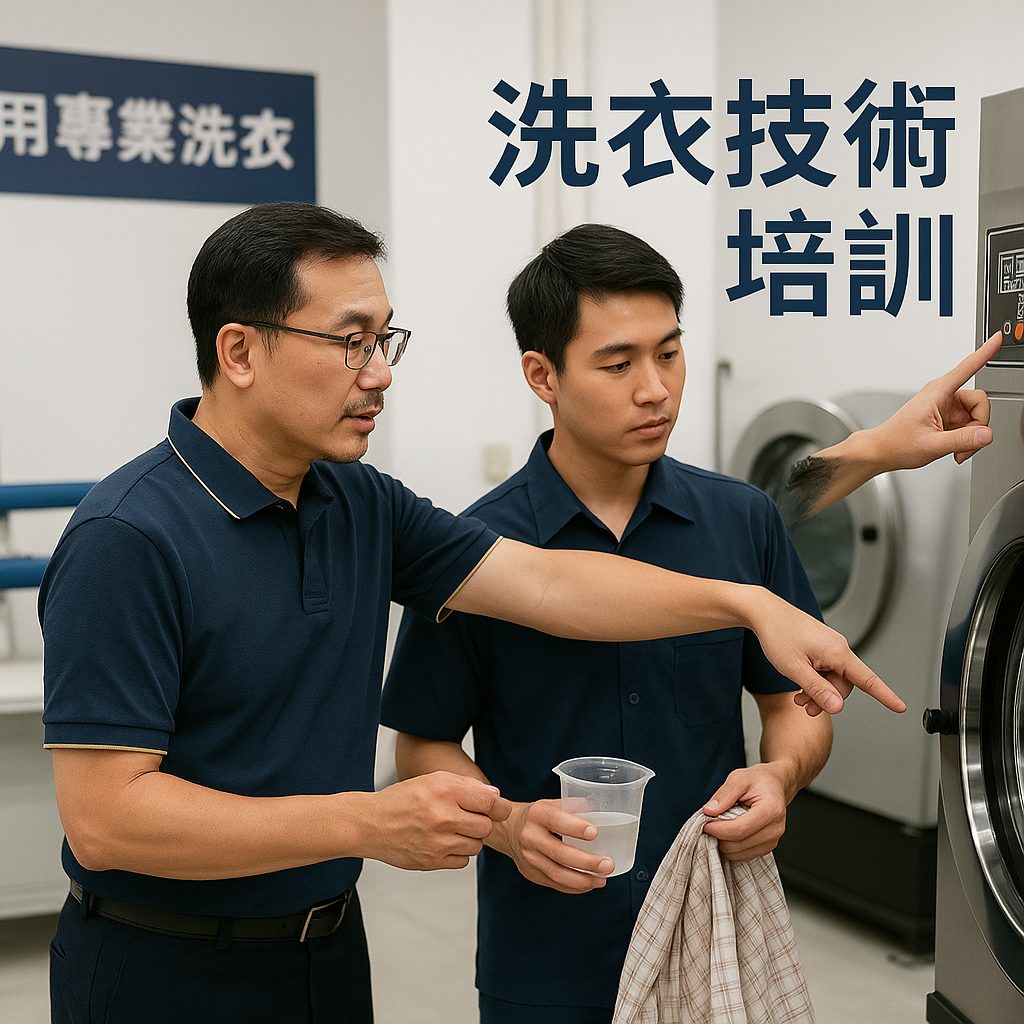 御用專業洗衣加盟技術教學現場，學員操作烘乾機與除漬實作
